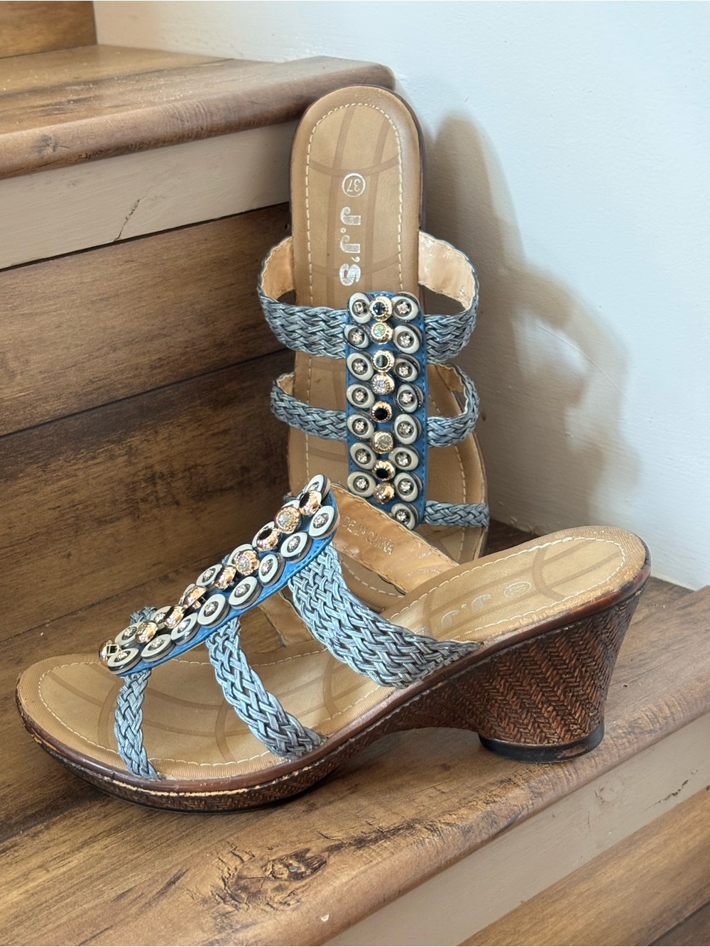 J.J’S  Slider Style Blue & Burnished Brown Wedge Sandals with  Bling